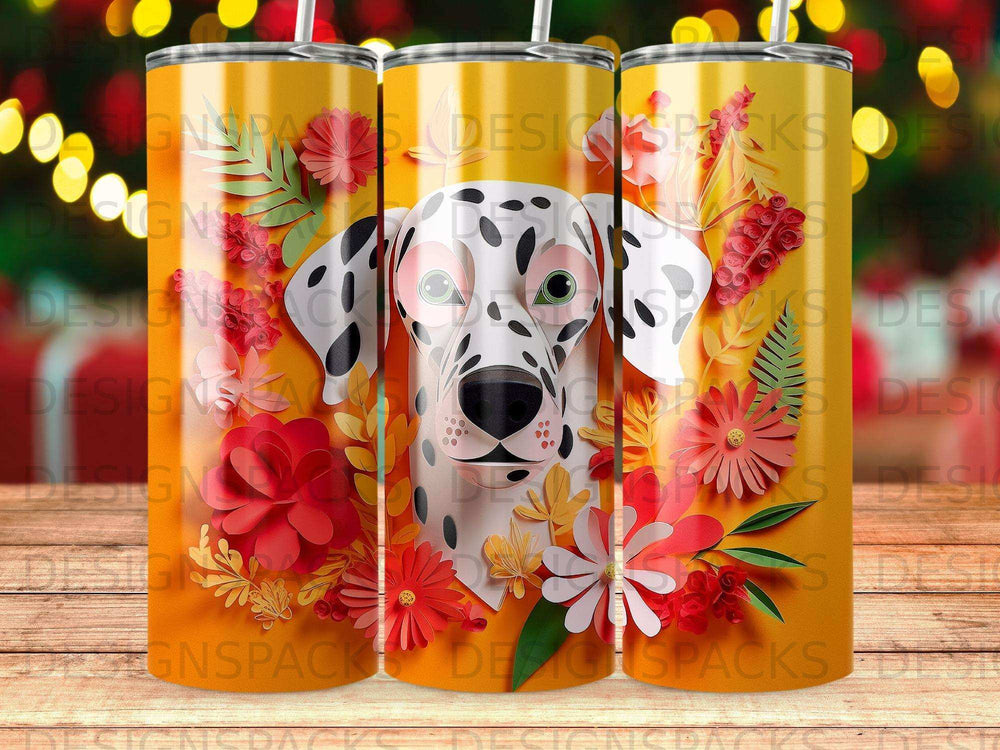 Dalmatian dog with flowers, digital art on a yellow tumbler.