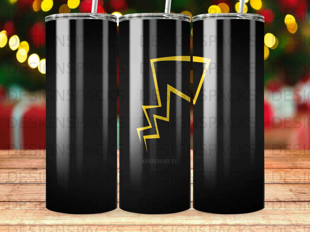 Black tumbler with gold lightning bolt logo and "ANNIVERSARY XV" text.