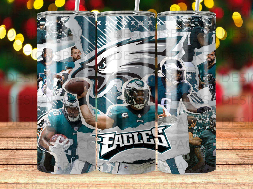 Philadelphia Eagles player Jalen Hurts and team logo on a tumbler.