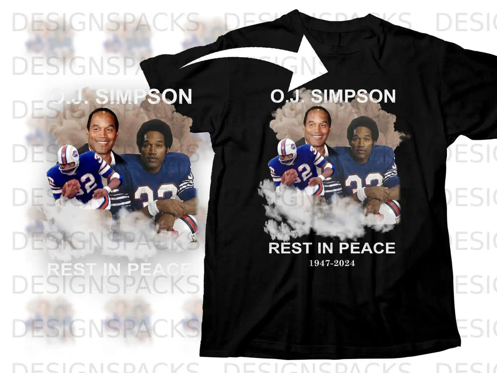 O.J. Simpson t-shirt with his portrait and "Rest in Peace 1947-2024".