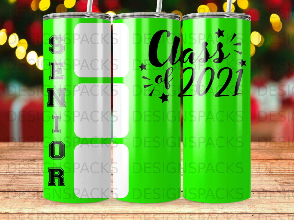 Green tumbler with "Class of 2021" text and confetti graphic.