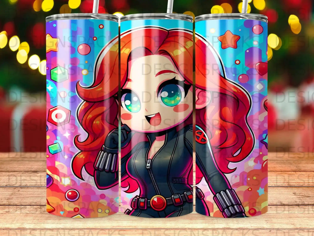 Black Widow chibi illustration with playful background elements and colorful patterns.