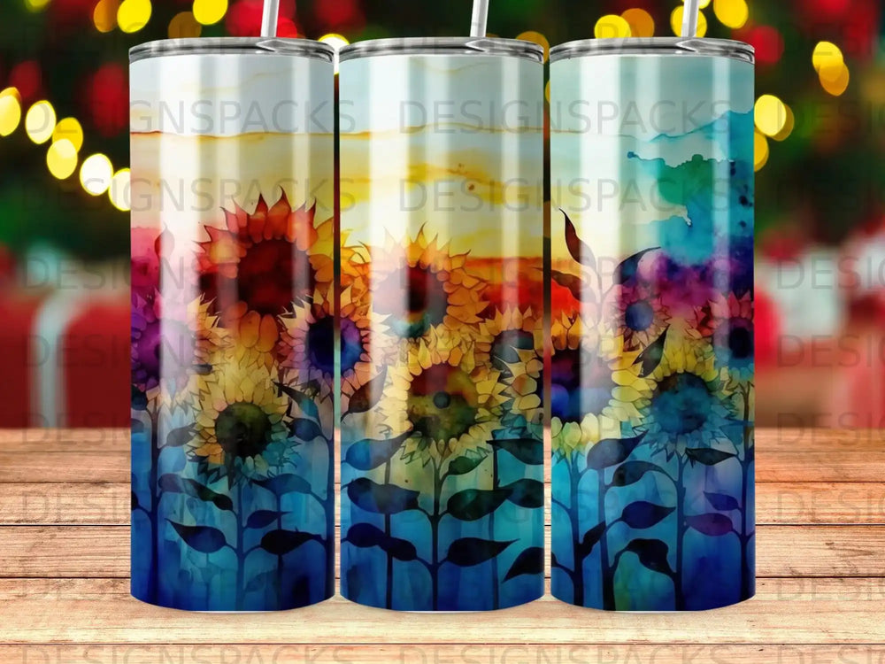 Tumbler with colorful watercolor sunflowers and blue stems against a dark background.