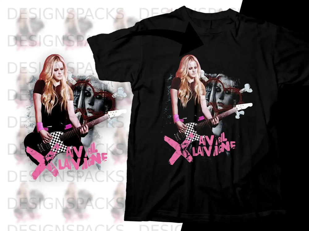 Black t-shirt featuring Avril Lavigne playing guitar, with checkered accents.