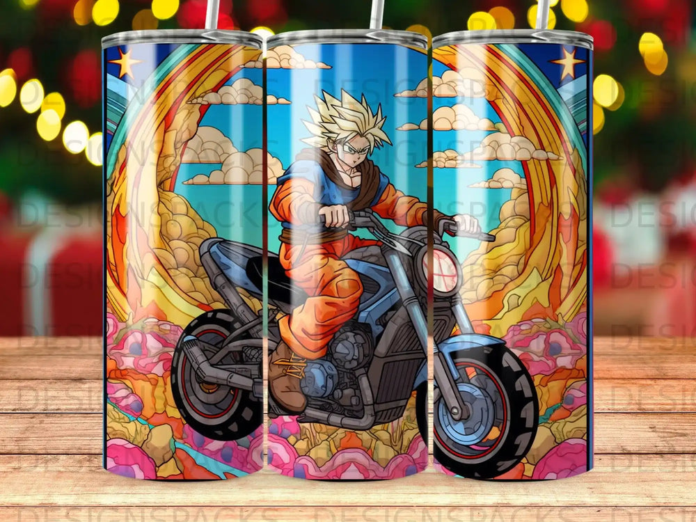 Goku on a motorcycle with colorful clouds and a rainbow arch.