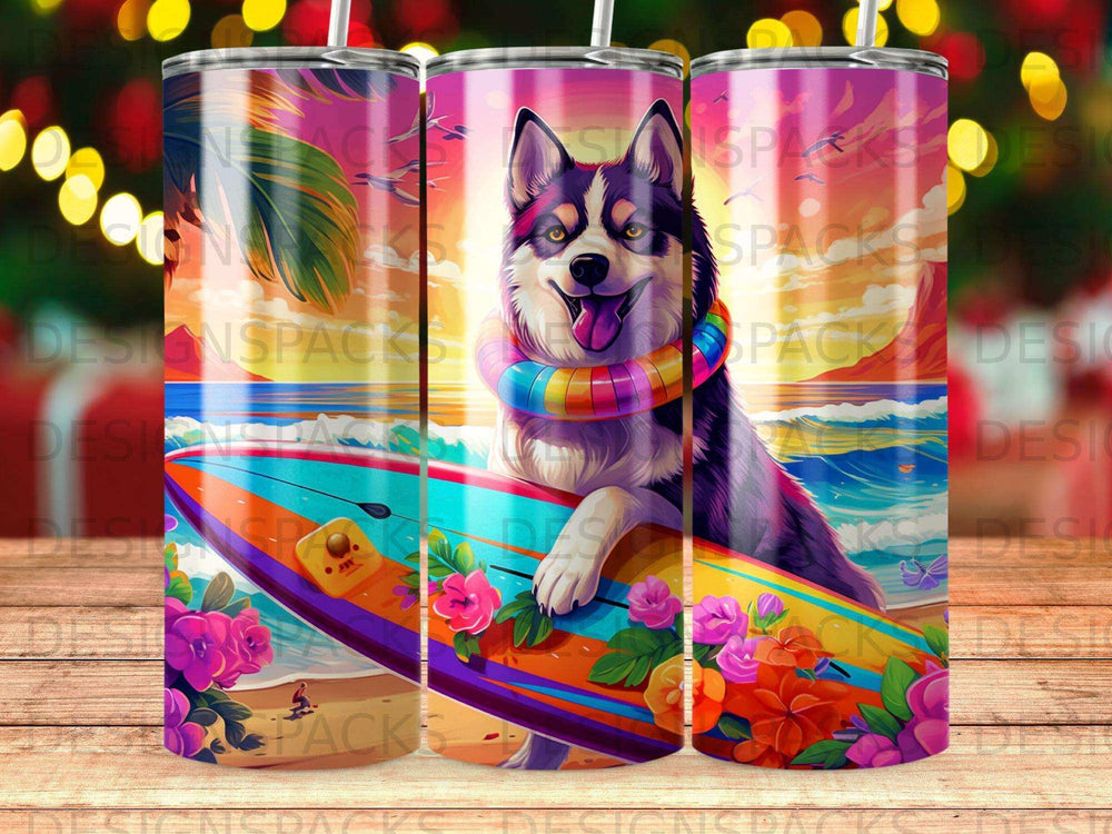 Husky on surfboard with beach and flowers background.