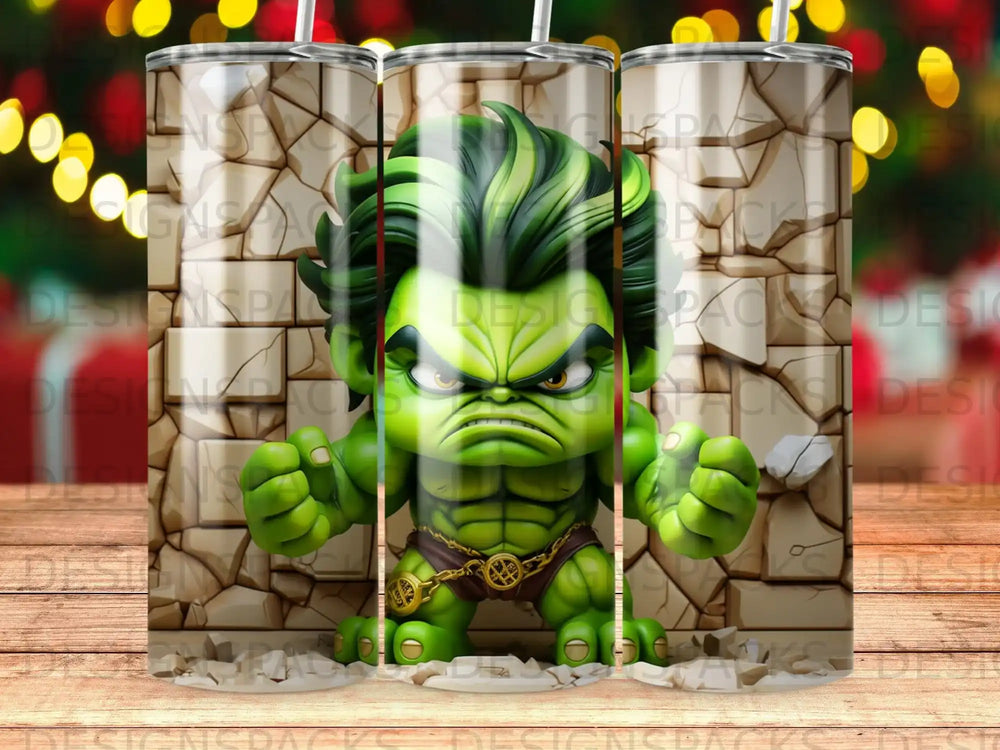 Hulk in green with fists clenched against a brick wall background.