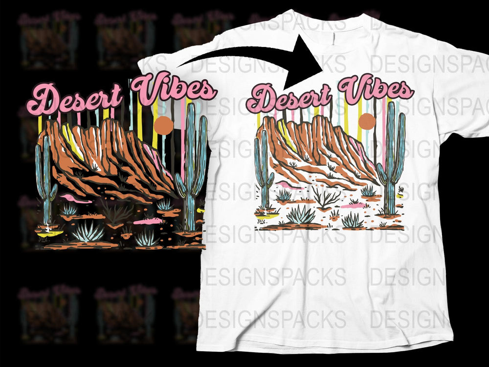 Desert Vibes T-Shirt with Cactus and Mountain Graphic, Unisex Casual Wear, Nature Inspired Tee