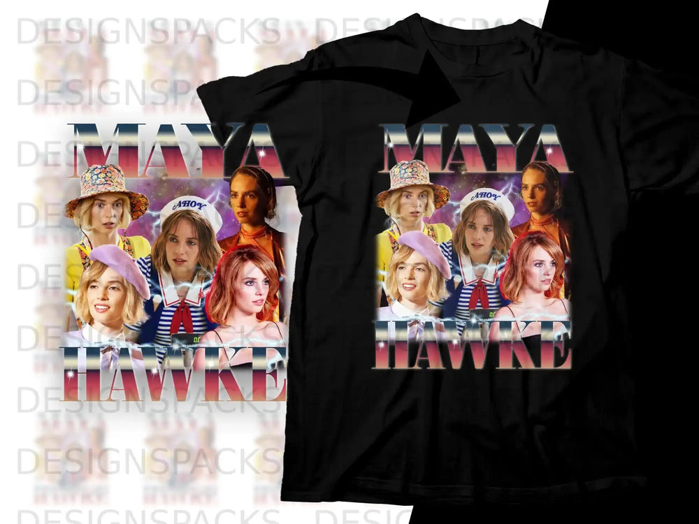 Stranger Things t-shirt with Maya Hawke and characters, "AHOY" and "HAWKING" text.