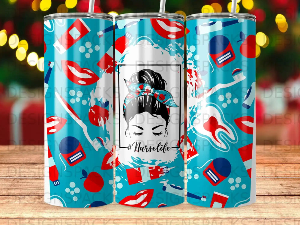 Nurse life tumbler with red lips, teeth, and toothbrushes pattern.