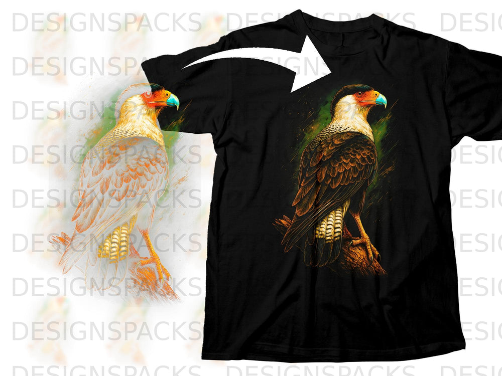 Black t-shirt featuring a detailed graphic of a crested caracara bird.