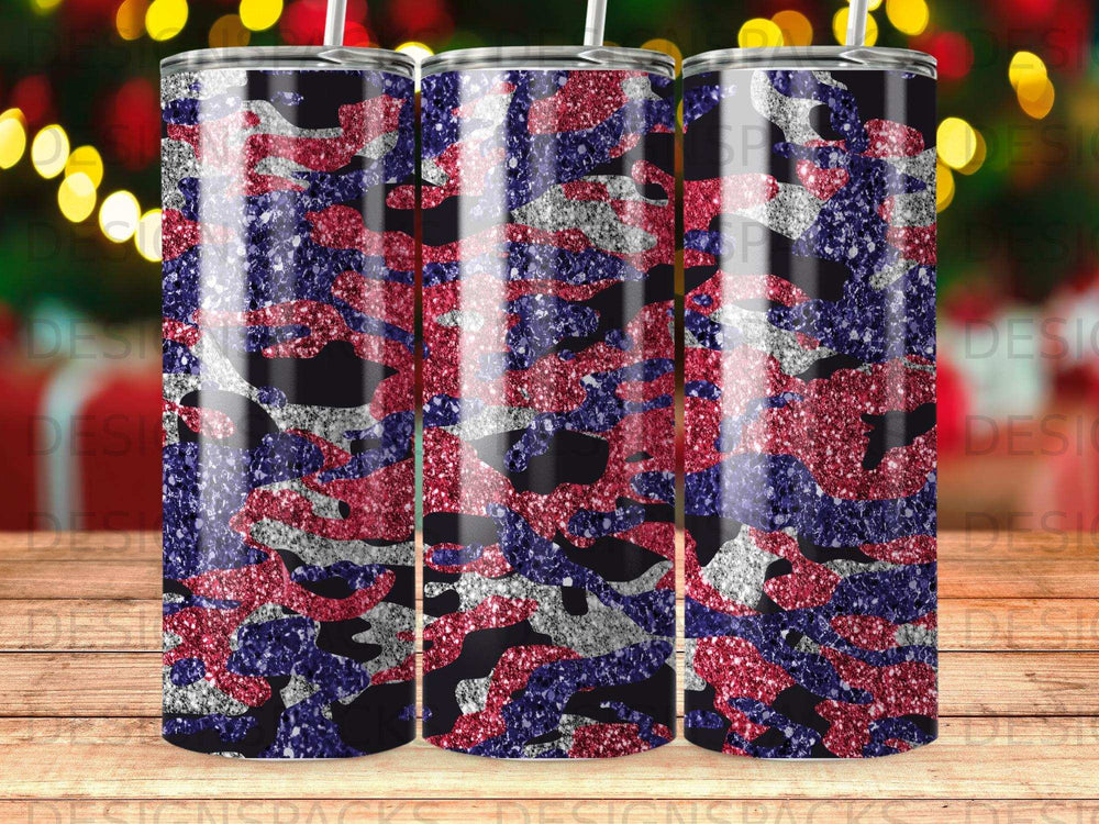 Glitter camouflage pattern tumbler with red, white, and blue.