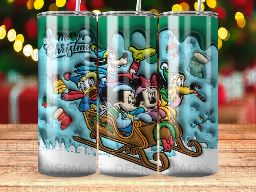 Christmas characters in a sleigh with holiday background.