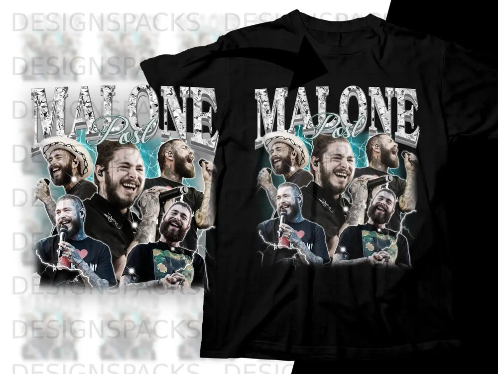 Post Malone collage on black t-shirt.