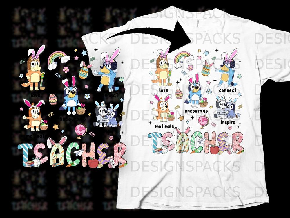 Bluey characters with bunny ears and Easter items decorate the word TEACHER.