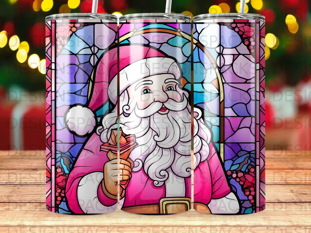 Santa Claus in a stained-glass window holding a candle.