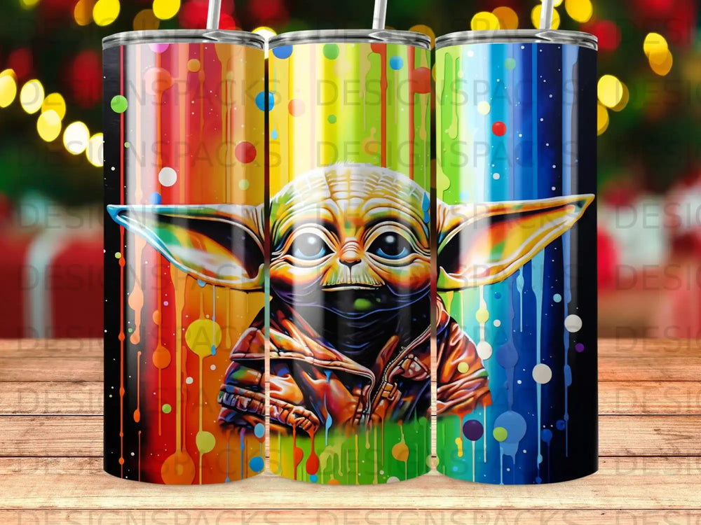 Grogu in a colorful, abstract, splattered paint design on a skinny tumbler.