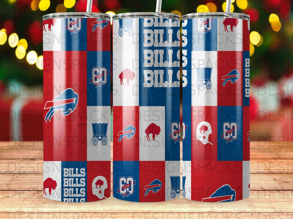 Buffalo Bills tumbler with plaid pattern and team logo.