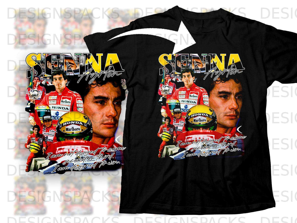 Ayrton Senna t-shirt design with his portrait, racing logos, and quote.