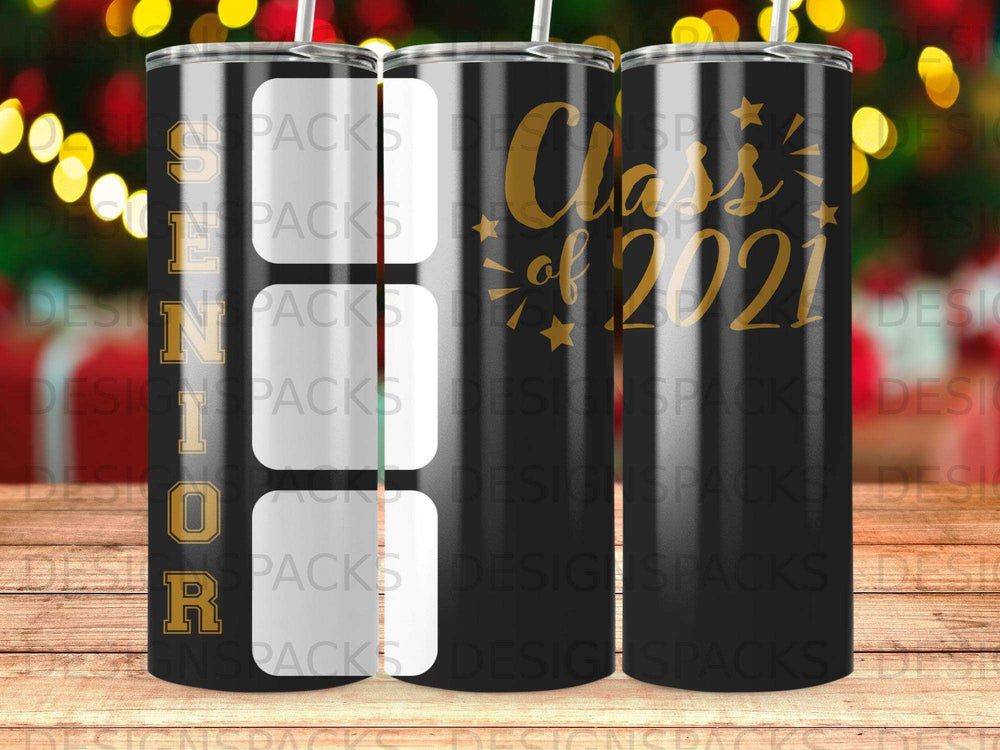 Tumbler with "Class of 2021" text and graduation cap graphic.