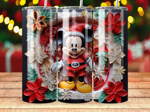 Mickey Mouse in a red Santa outfit surrounded by red and white paper flowers.