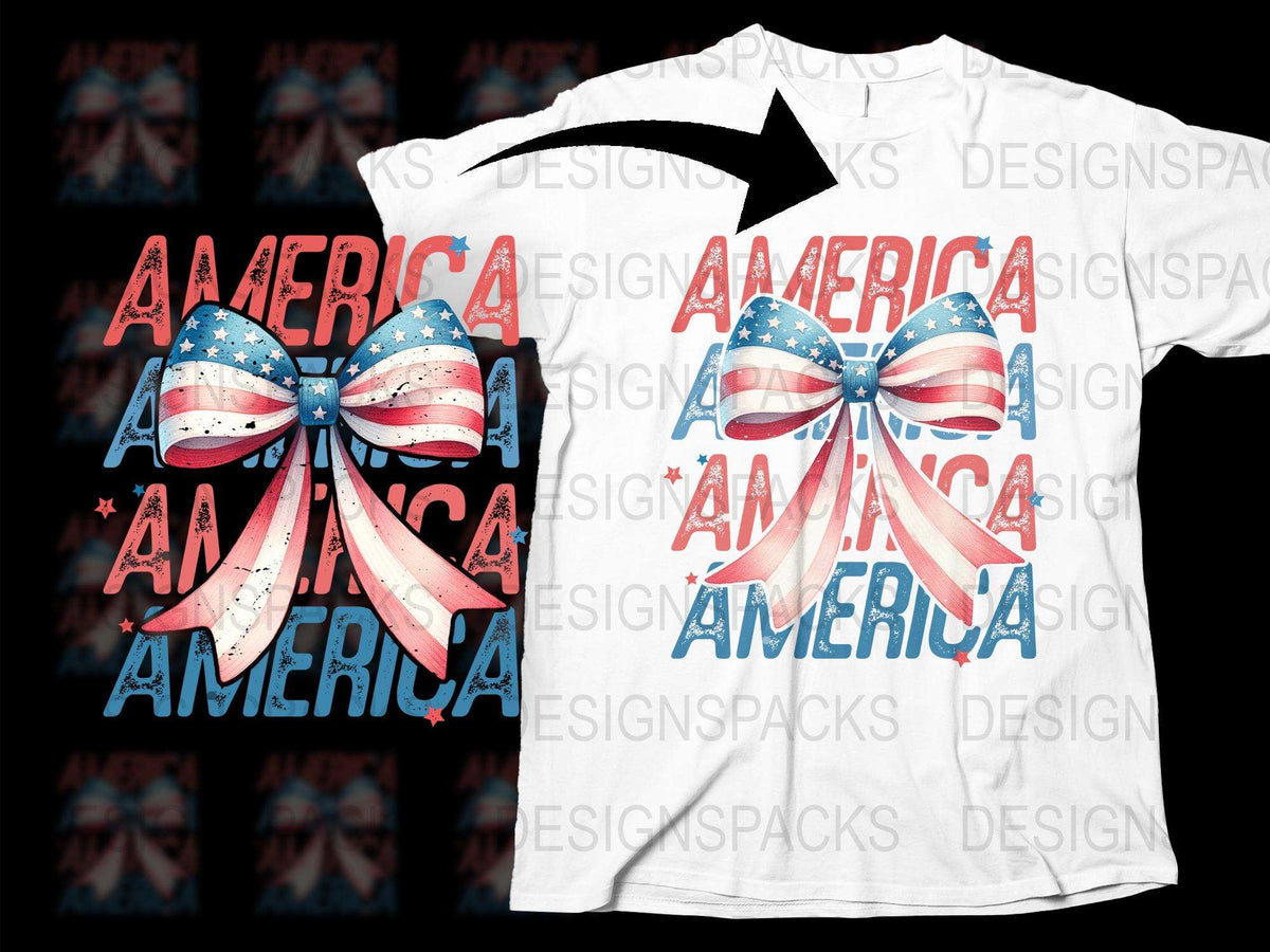 Patriotic American Flag Bow T-Shirt, USA Independence Day Graphic Tee, Fourth of July Shirt, Stars and Stripes Top, Unisex Adult Clothing