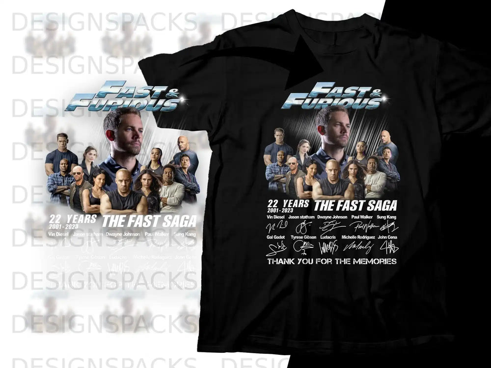 Fast & Furious t-shirt with cast photo, "22 Years The Fast Saga" text.