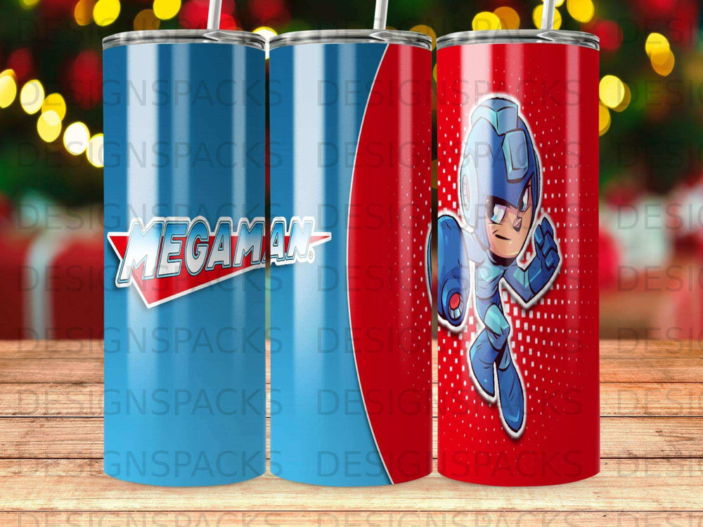 Megaman character and logo on three blue and red patterned tumblers.