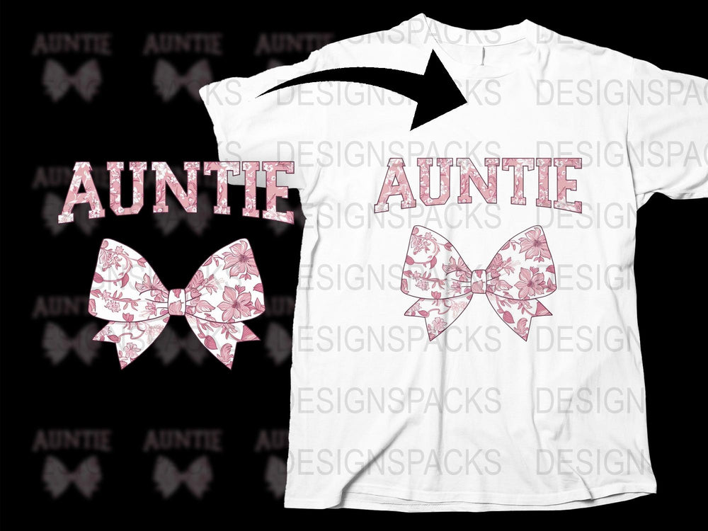 Auntie Floral Graphic T-Shirt with Matching Bow Design, Cute Family Gift Idea