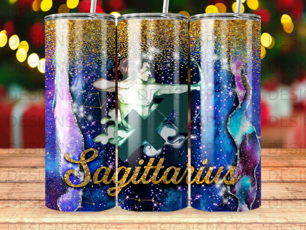Sagittarius constellation with gold glitter and watercolor accents on a tumbler.