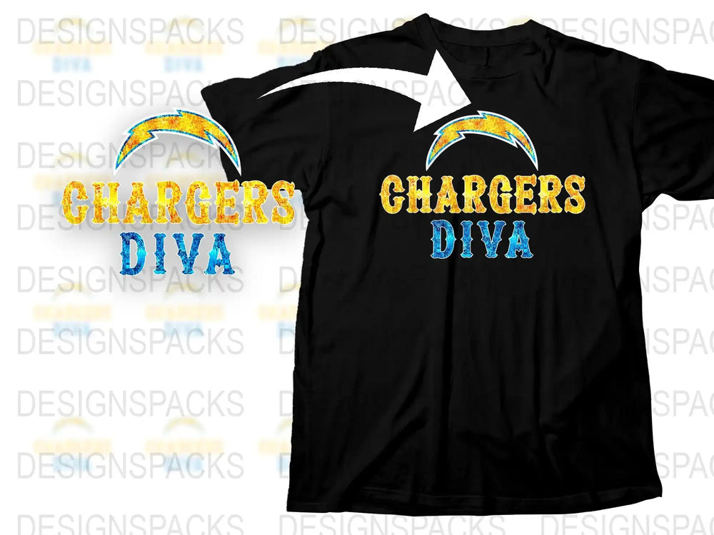 Chargers Diva T-Shirt, Rainbow Glitter Print, Black Tee, Sports Fan Apparel, Tailgating Gear, Women's Football Shirt, Sparkly Graphic Tee