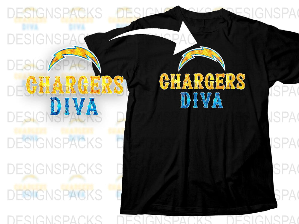 Chargers Diva T-Shirt, Rainbow Glitter Print, Black Tee, Sports Fan Apparel, Tailgating Gear, Women's Football Shirt, Sparkly Graphic Tee