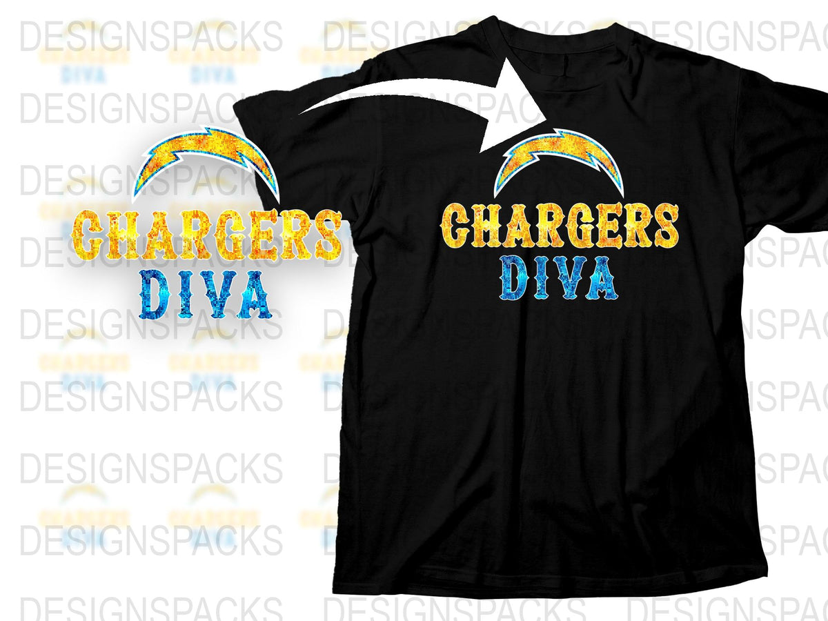 Chargers Diva T-Shirt, Rainbow Glitter Print, Black Tee, Sports Fan Apparel, Tailgating Gear, Women's Football Shirt, Sparkly Graphic Tee