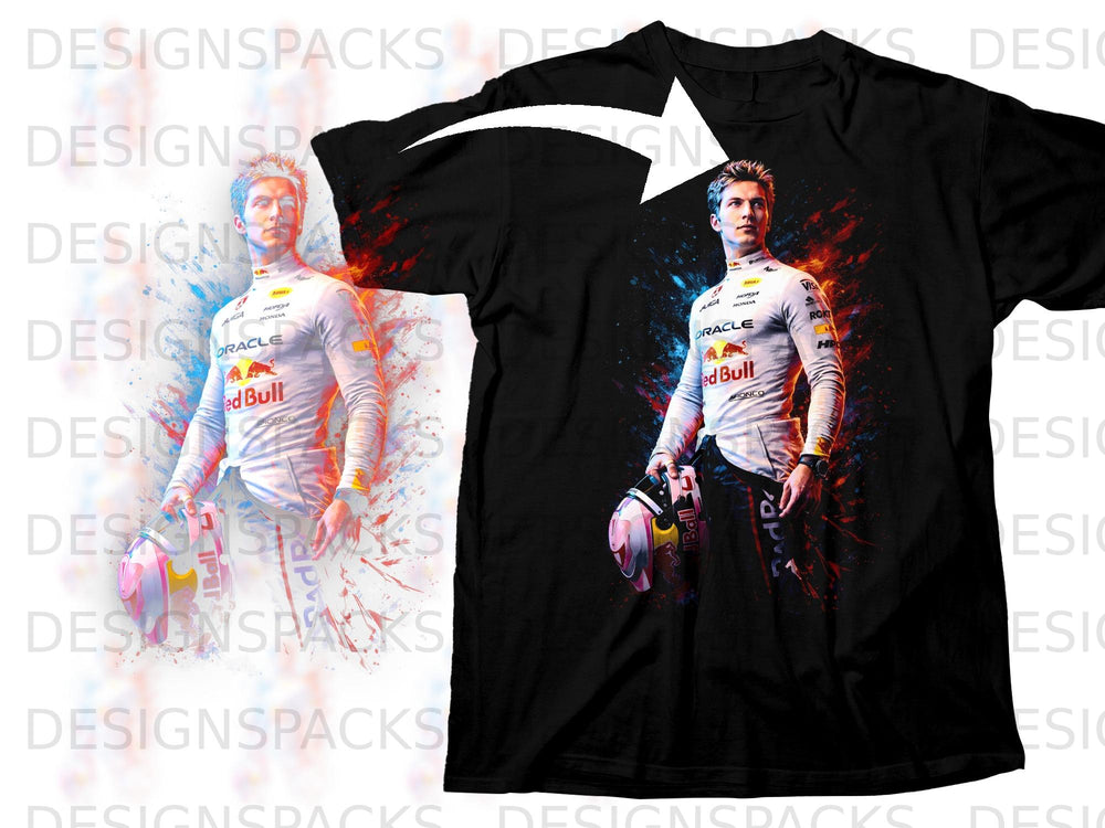 Max Verstappen on black t-shirt with abstract splash art background.