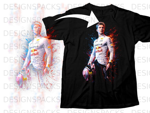 Max Verstappen on black t-shirt with abstract splash art background.