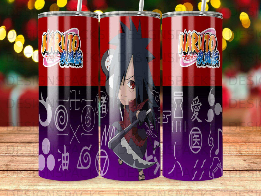 Naruto Madara Uchiha tumbler with Japanese text and character symbols.