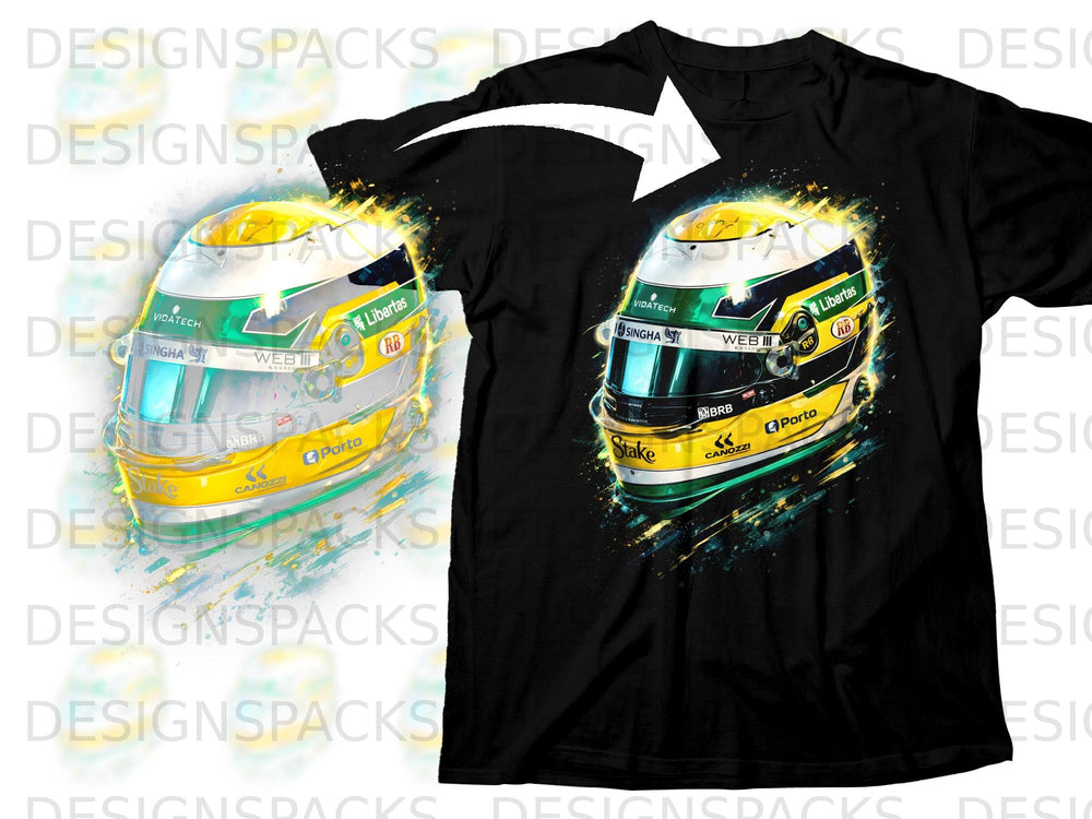 Black t-shirt featuring a vibrant graphic of a racing helmet with logos and paint splatters.