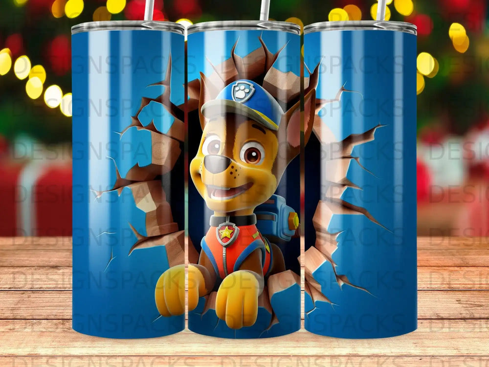 Chase from Paw Patrol peeking through blue cracks on a tumbler.