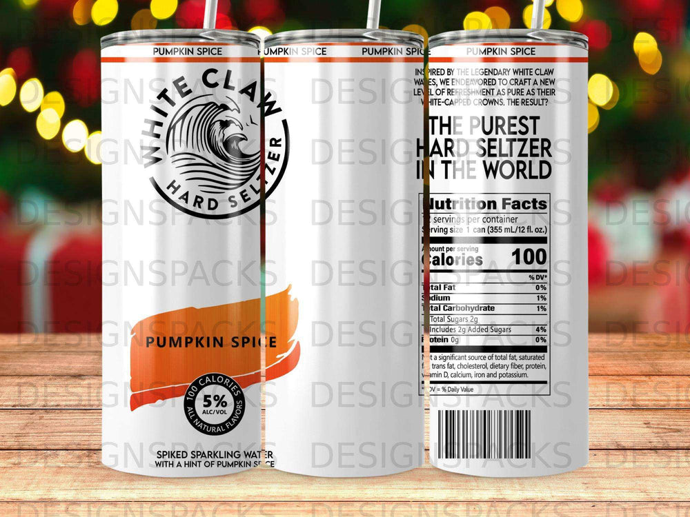 White Claw Pumpkin Spice hard seltzer can with nutrition facts and branding.