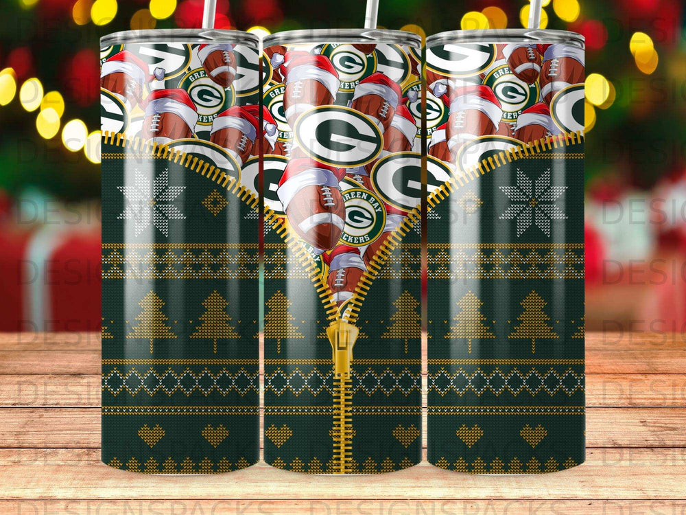 Green Bay Packers football theme tumbler with snowflake and Christmas tree border.