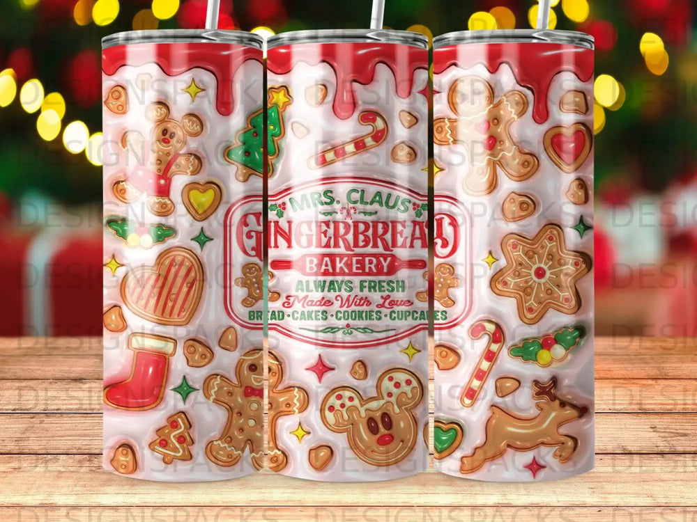 Gingerbread bakery tumbler with Mickey Mouse, candy canes, and Christmas cookies.