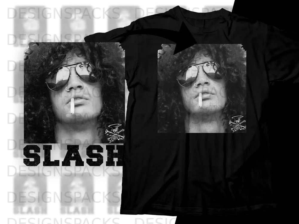 Black t-shirt with inset image of Slash wearing sunglasses and smoking a cigarette.