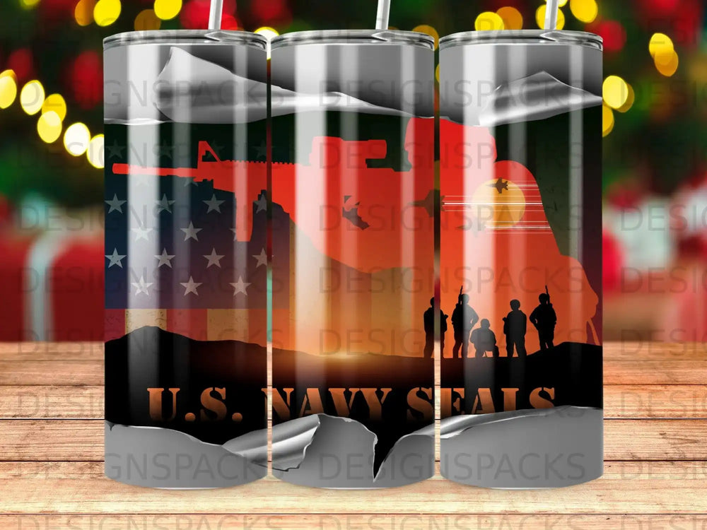 U.S. Navy Seals silhouette with American flag and weapon.