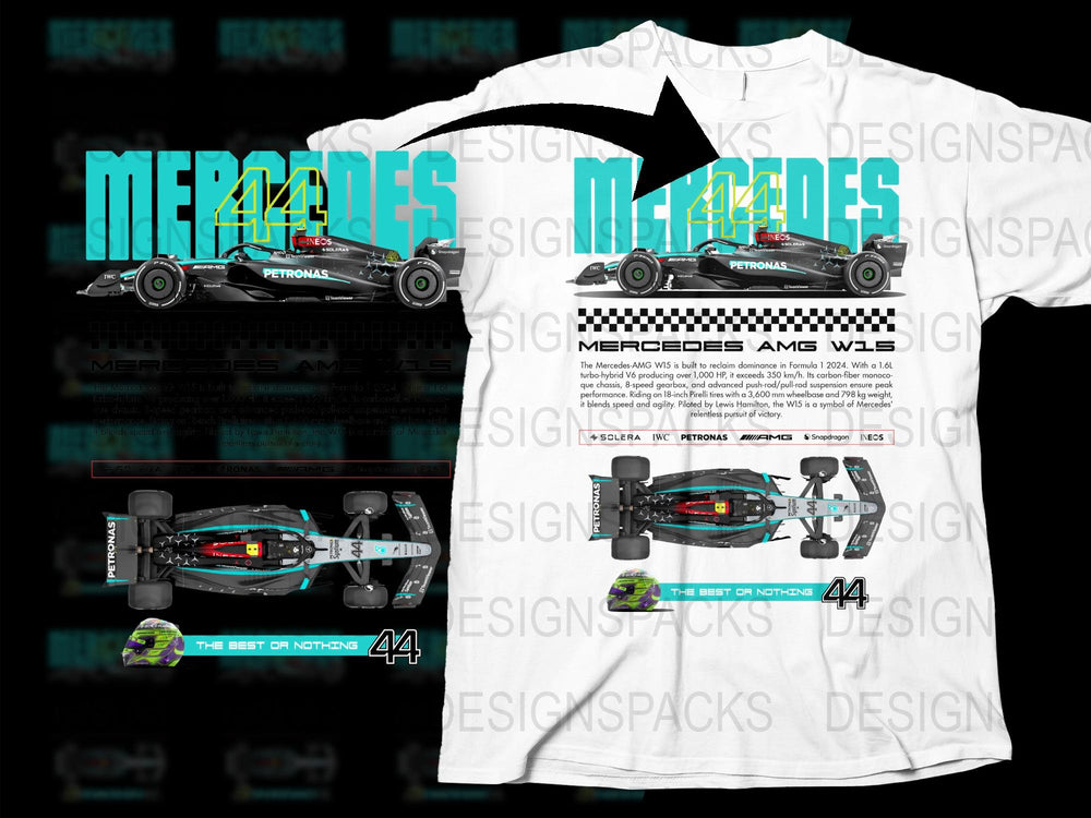 Mercedes AMG F1 W13 Race Car Graphic T-Shirt, Lewis Hamilton Inspired Design, Racing Apparel for Formula One Fans
