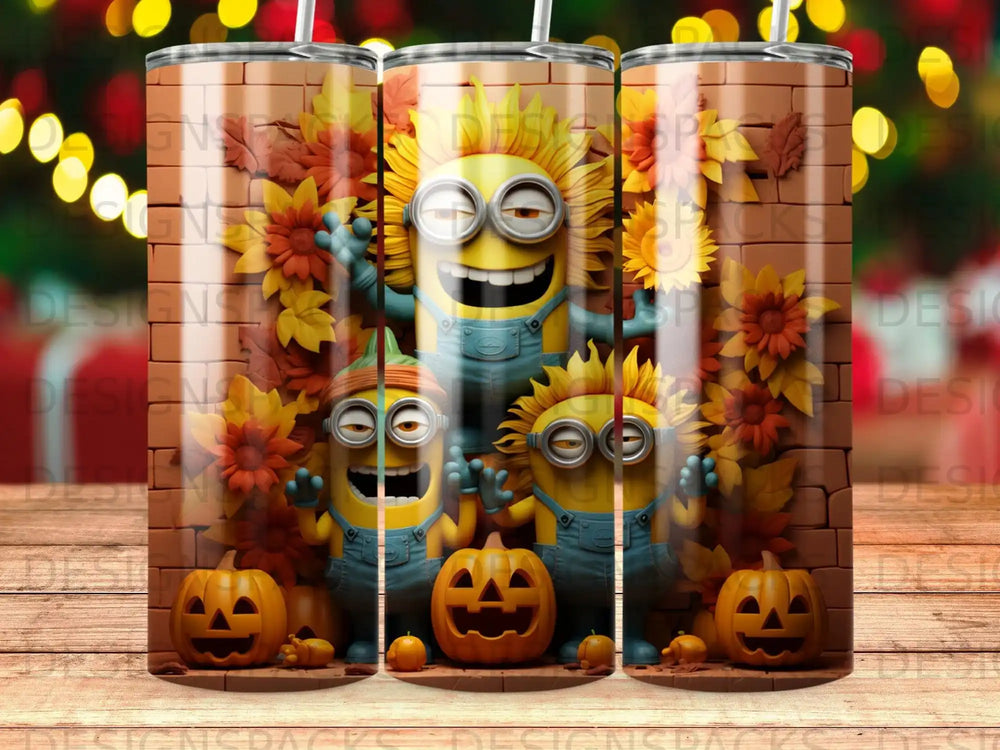 Three Minions with pumpkins and sunflowers on a brick background.