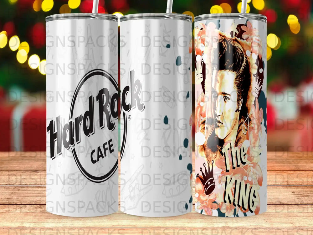 Hard Rock Cafe tumbler with Elvis Presley portrait and "The King" text.