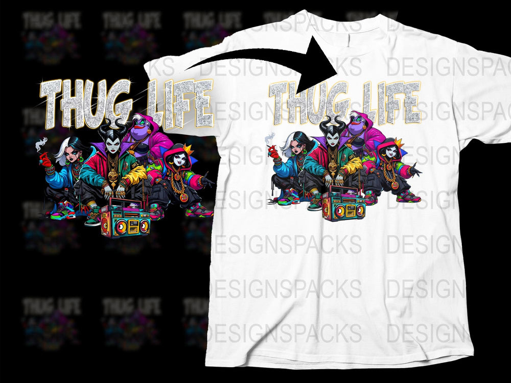 Thug Life Cartoon Characters T-Shirt, Colorful Hip Hop Style, Urban Streetwear, Unisex Graphic Tee, Multiple Sizes Available