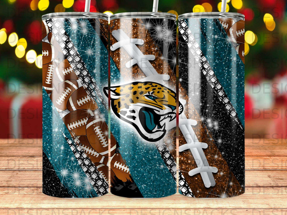Football tumbler with Jacksonville Jaguars logo and glitter accents.
