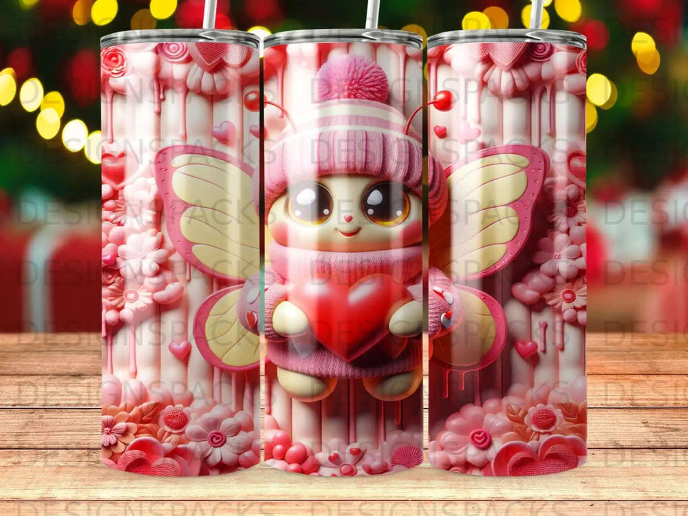 Pink butterfly character holding heart, wearing knit hat and scarf.