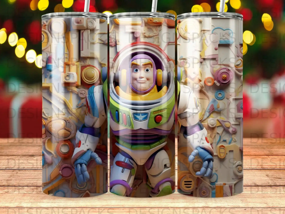 Buzz Lightyear on a tumbler with a festive blurred background.